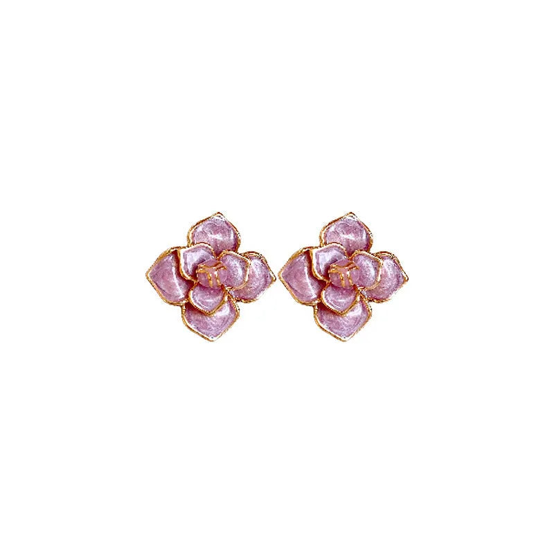 Gold plated purple oil-spot glaze flower stud earrings with copper construction and detailed floral design