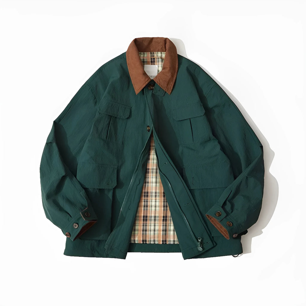 Green casual jacket with side seam pockets and long sleeves for men and women