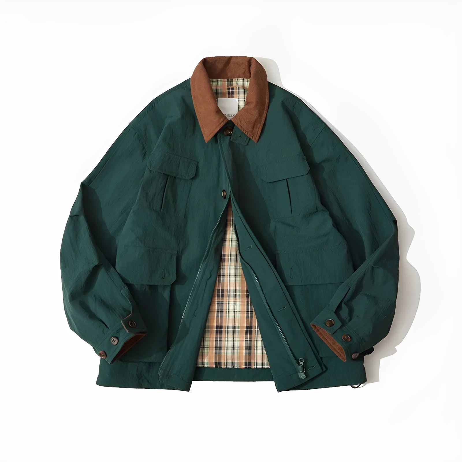 Green casual jacket with side seam pockets and long sleeves for men and women