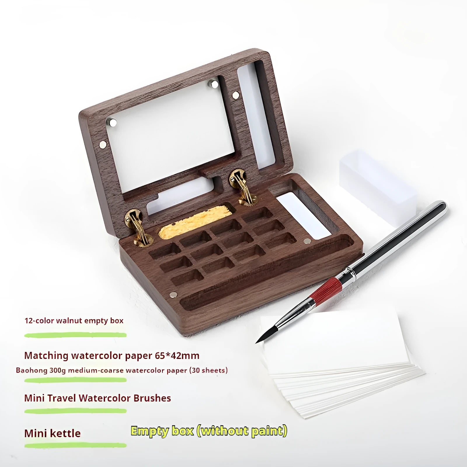 Mini walnut wooden watercolour paint box with professional pigment selection options
