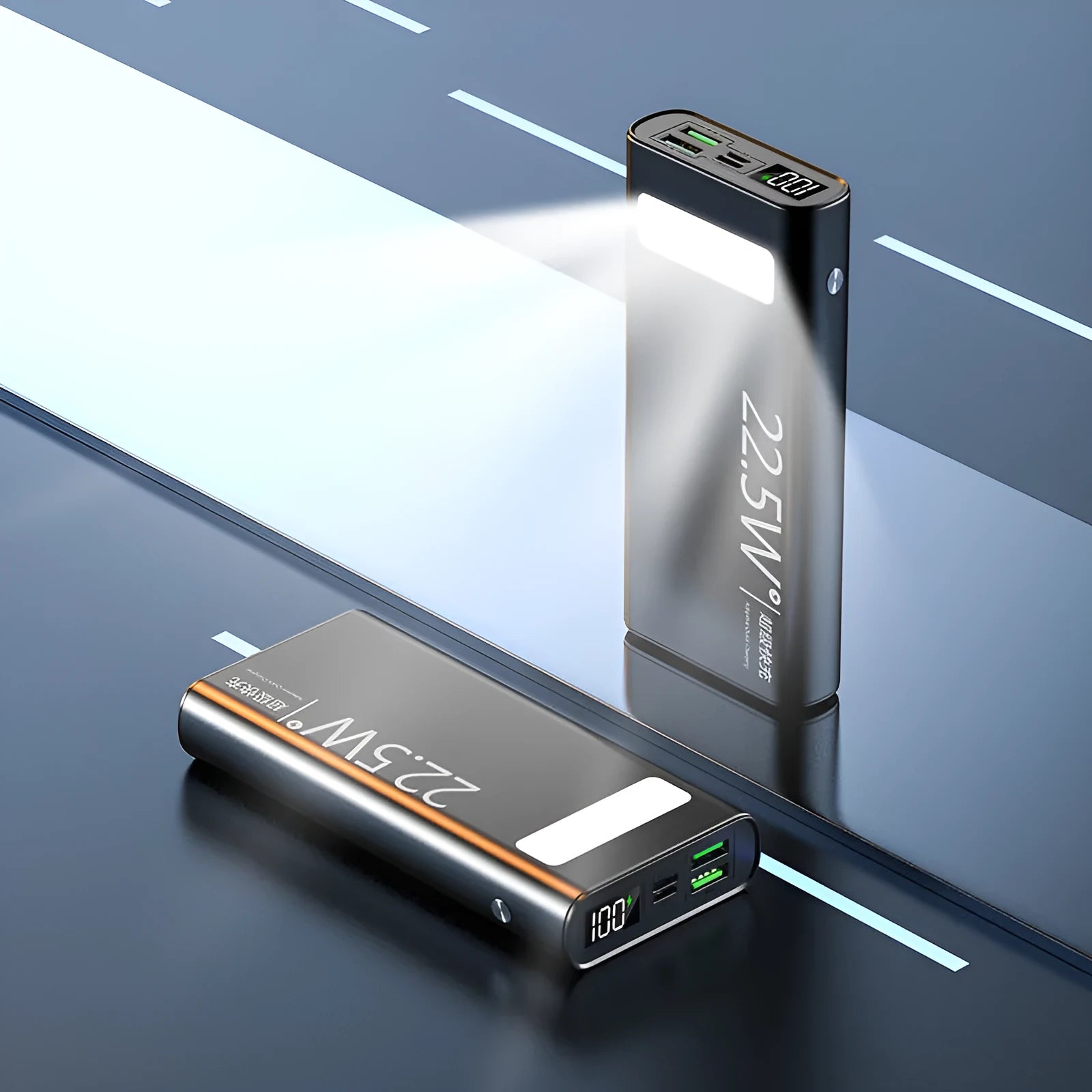 Alloy shell power bank with LCD display in black, blue, green, or red, showing 22.5W super fast charging.