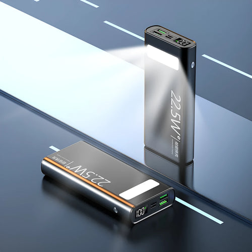 Alloy shell power bank with LCD display in black, blue, green, or red, showing 22.5W super fast charging.