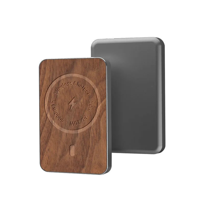 Khaki alloy magnetic wireless charging bank showing compact rectangular design with USB port