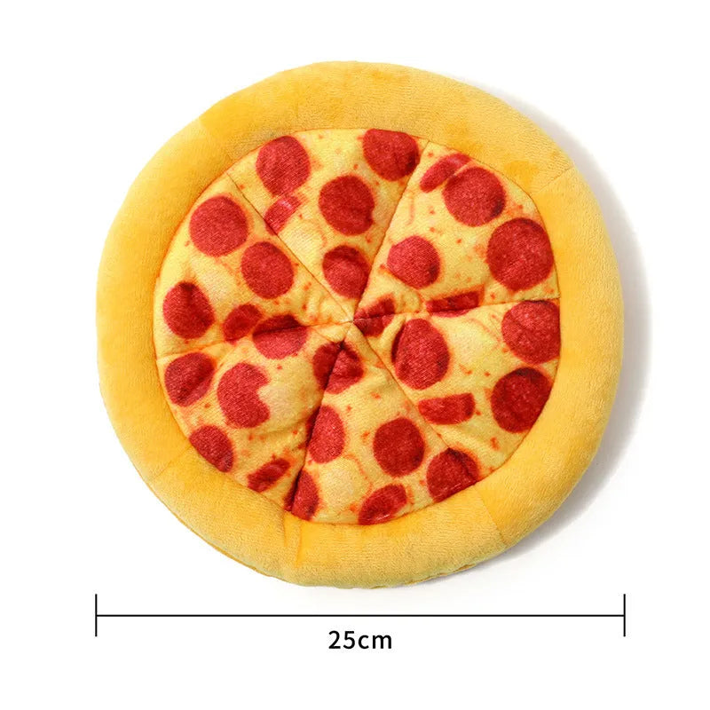 Yellow pizza slice dog chewing toy with squeaker made from teddy fabric