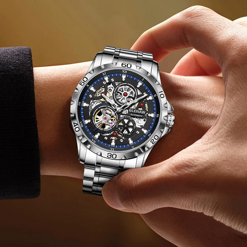 Men's double-sided hollow-out mechanical watch with luminous hands and stainless steel strap
