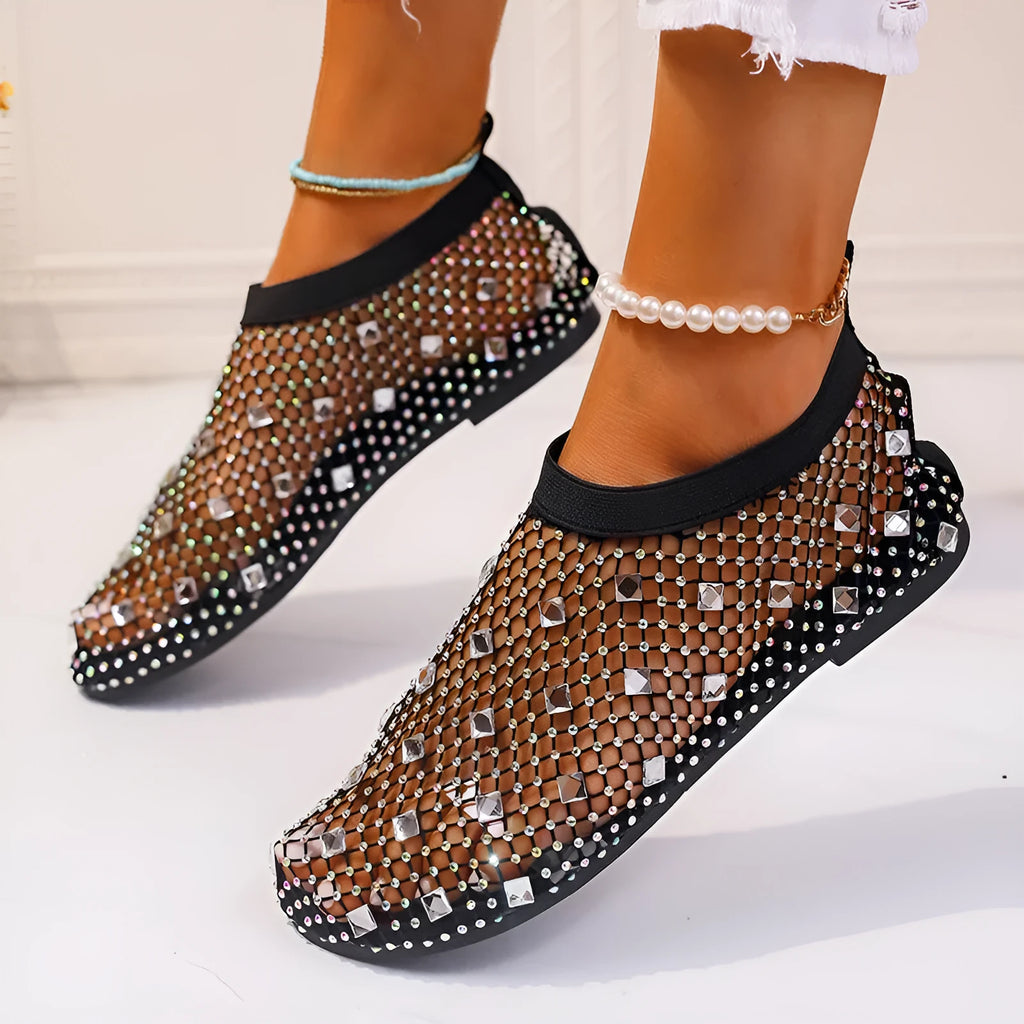 Women's colourful rhinestone mesh flat sandals with rubber sole