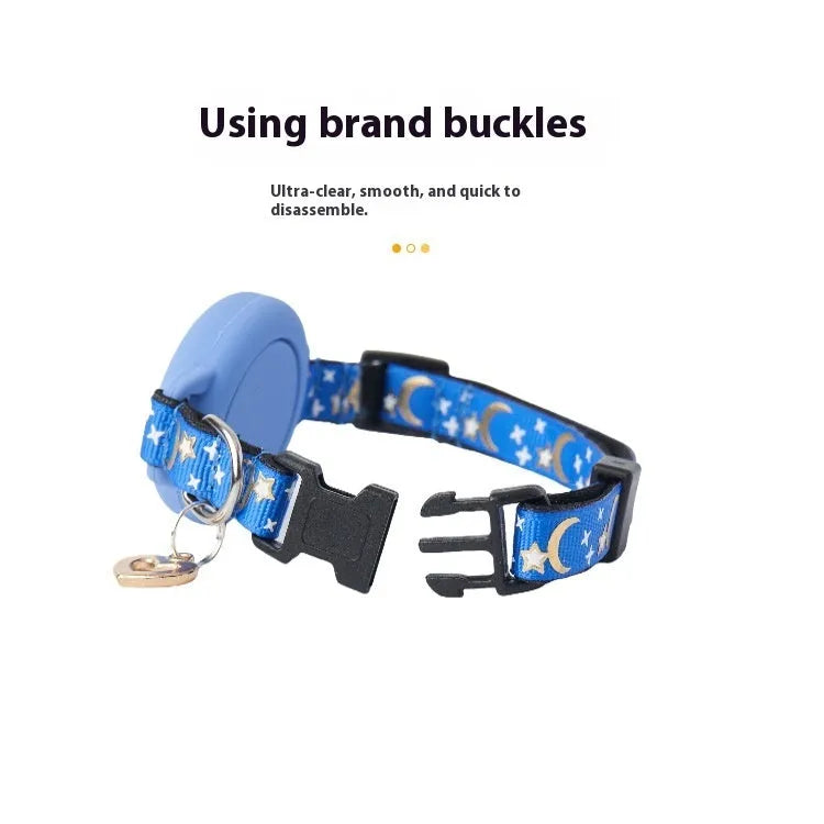 Pink and blue adjustable plastic AirTag cases shown as cat collars with size options S and M