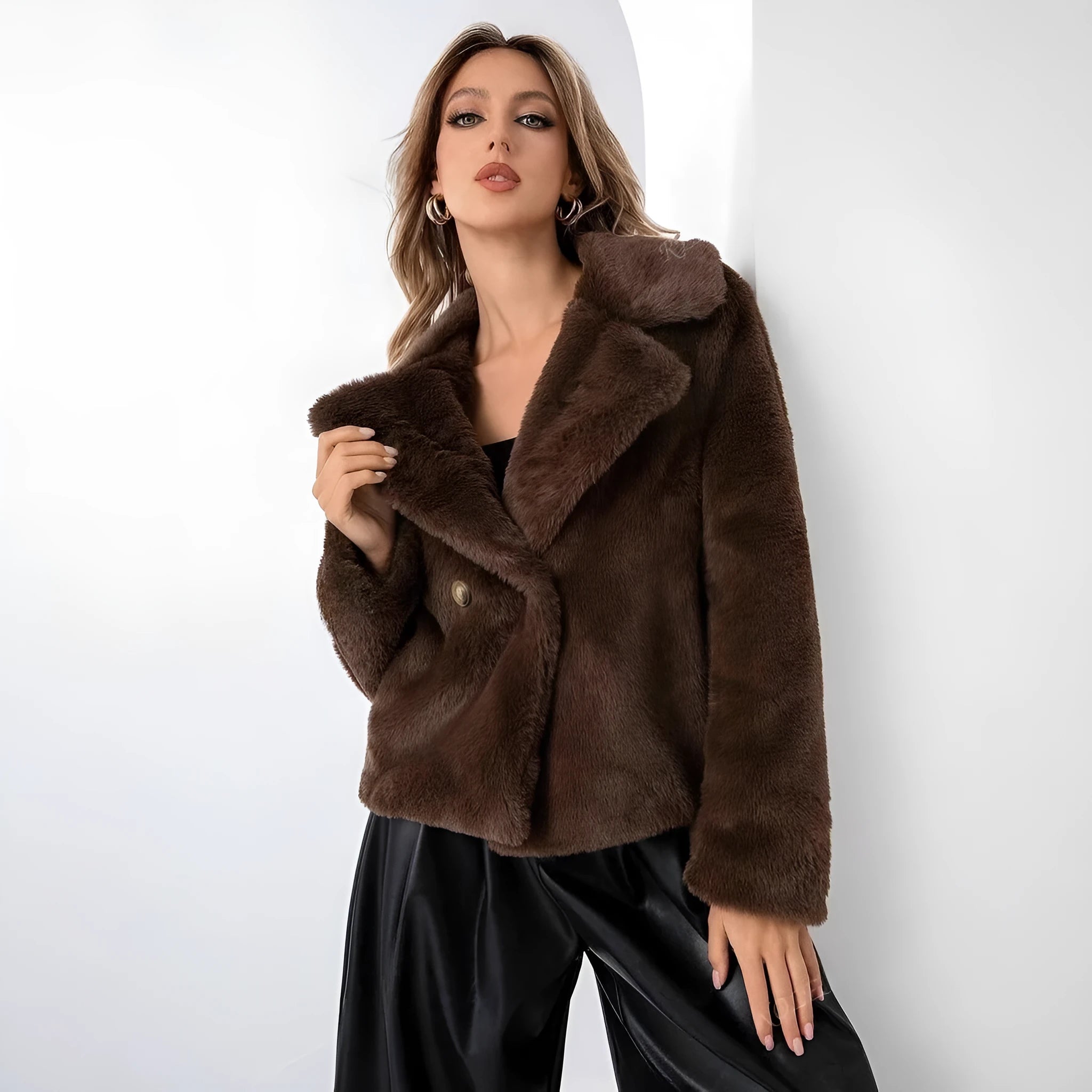 Loose short women's coat in rose red faux fur with regular sleeves on a hanger.
