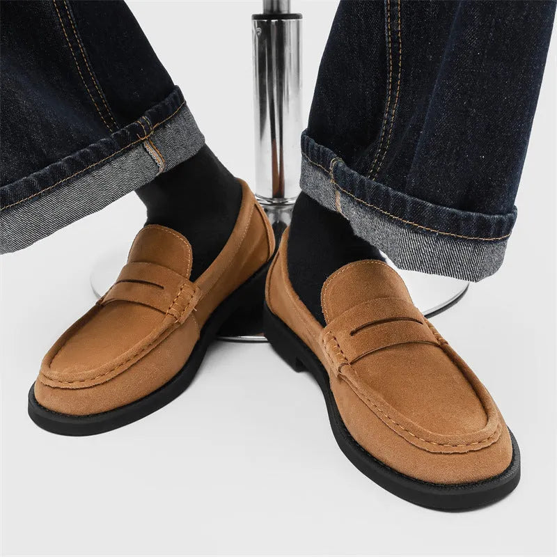 Men's slip-on casual shoes in beige with a microfiber upper and rubber sole