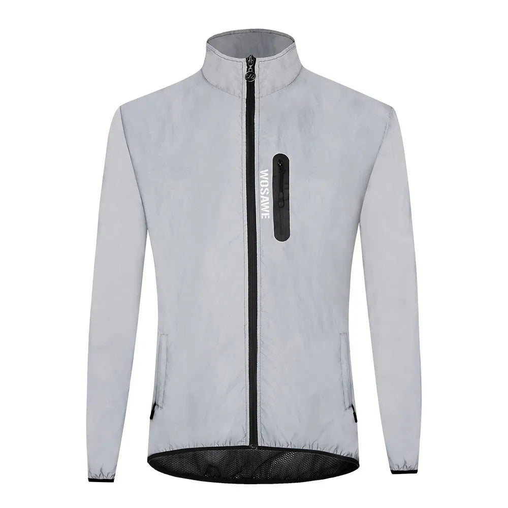 Men's silver waterproof polyester jacket with long sleeves, windproof outdoor coat