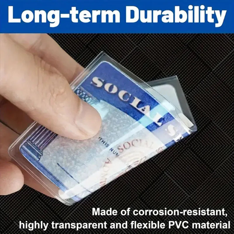 Transparent PVC social security card holder showing a card inside, sized 9.7cm by 5.9cm.