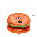 Hamburger-shaped dog chew toy in vivid colours showing crinkle and squeak features for interactive play.