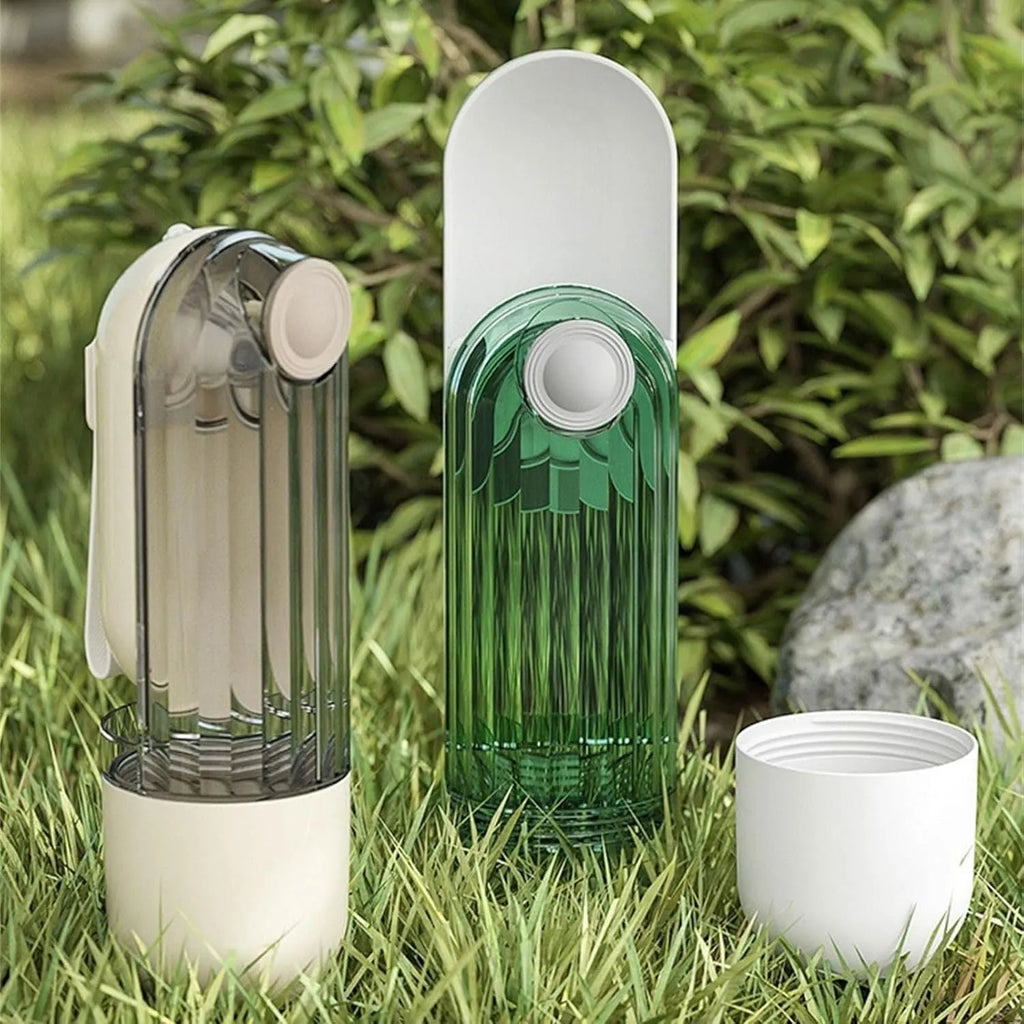 Foldable dog water bottle with food dispenser in beige colour for outdoor walking