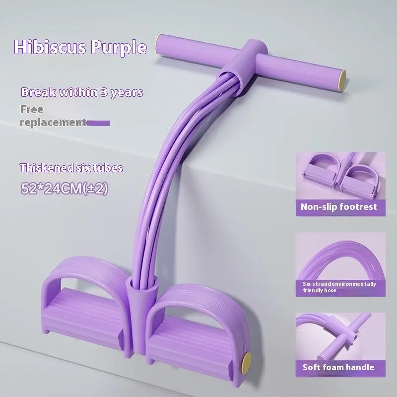 Purple home fitness pedal pulling rope device for waist slimming and sit-ups on a wooden floor.