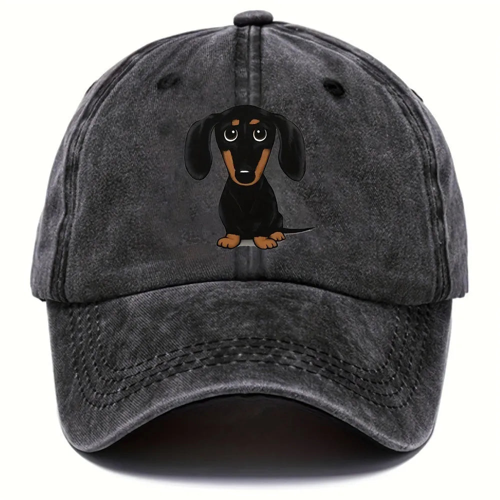 Retro washed cotton baseball cap with a Dachshund print on the front, featuring a peaked dome crown.