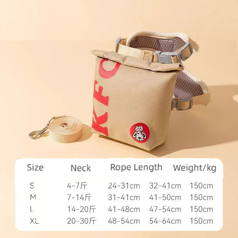 Cartoon hamburger chips design adjustable dog leash and escape proof vest with backpack harness.