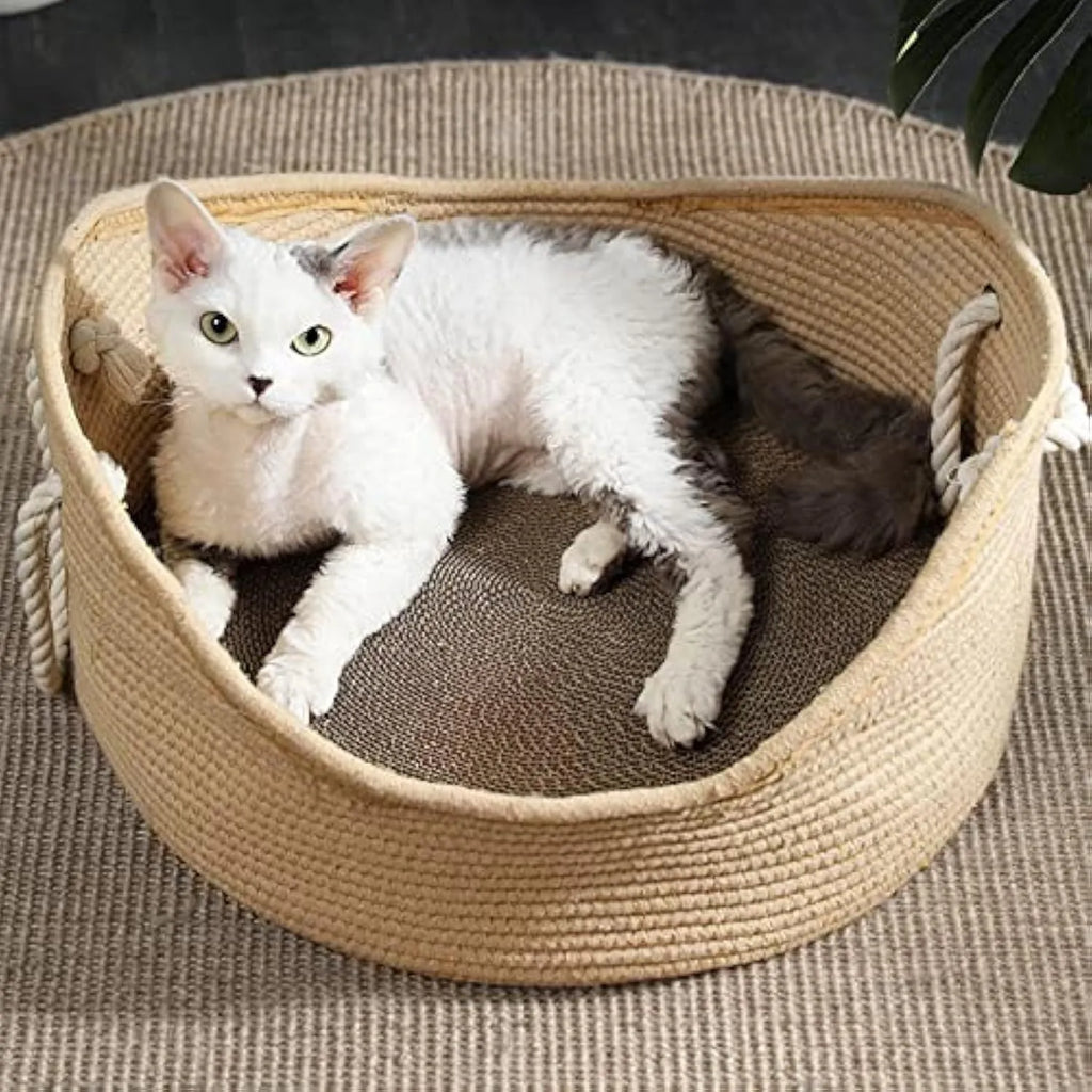 Wicker cat bed basket with corrugated scratching board in large and small sizes