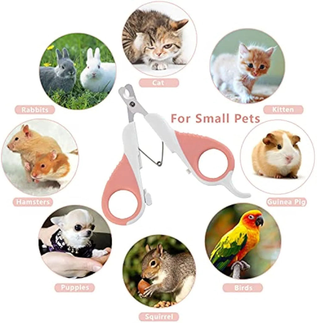 Grey and pink cat nail clippers with angled blade and safety guard for pet grooming