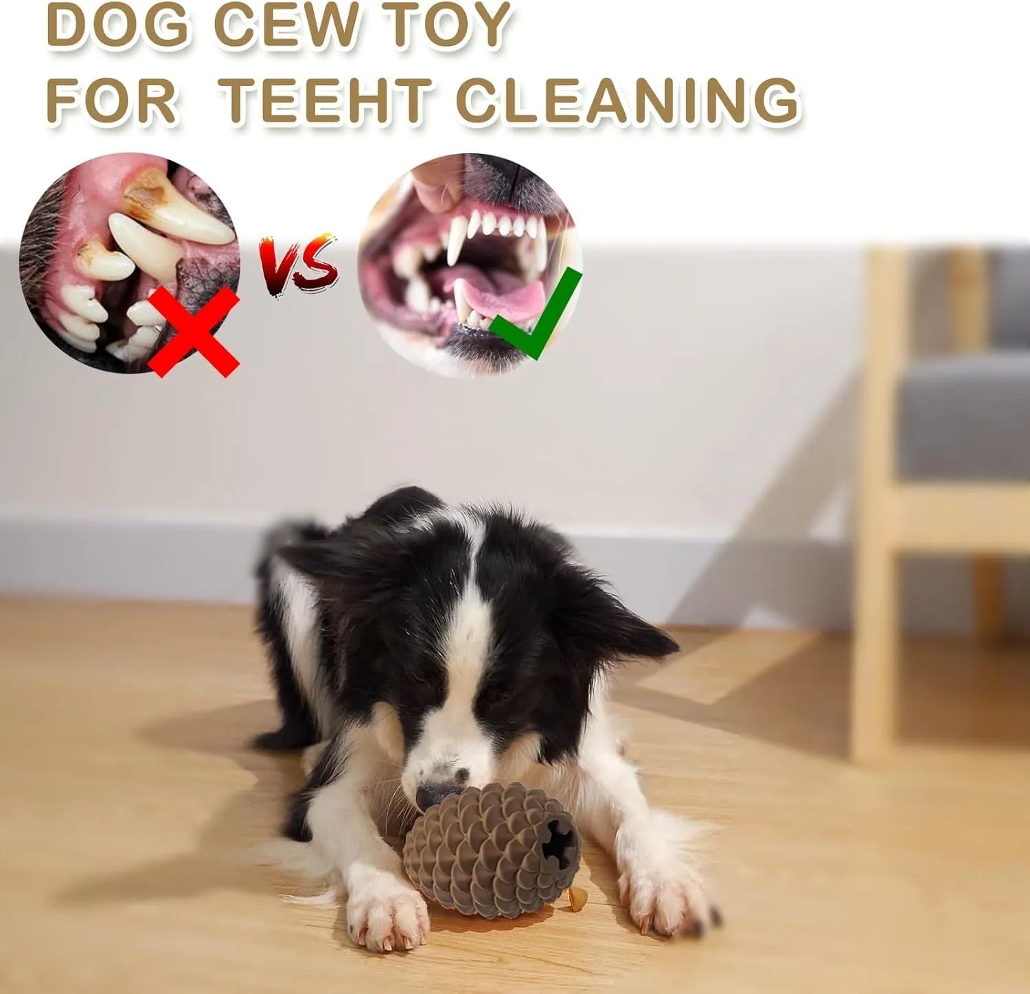 Yellow pine cone shaped natural rubber dog chew toy with treat dispenser for large breeds