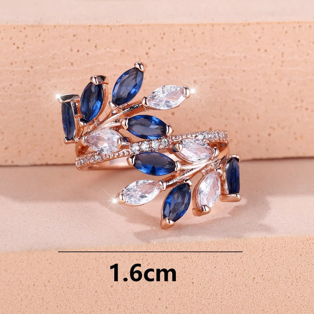 Adjustable horse eye zircon leaf fashion ring in copper with multiple colour options