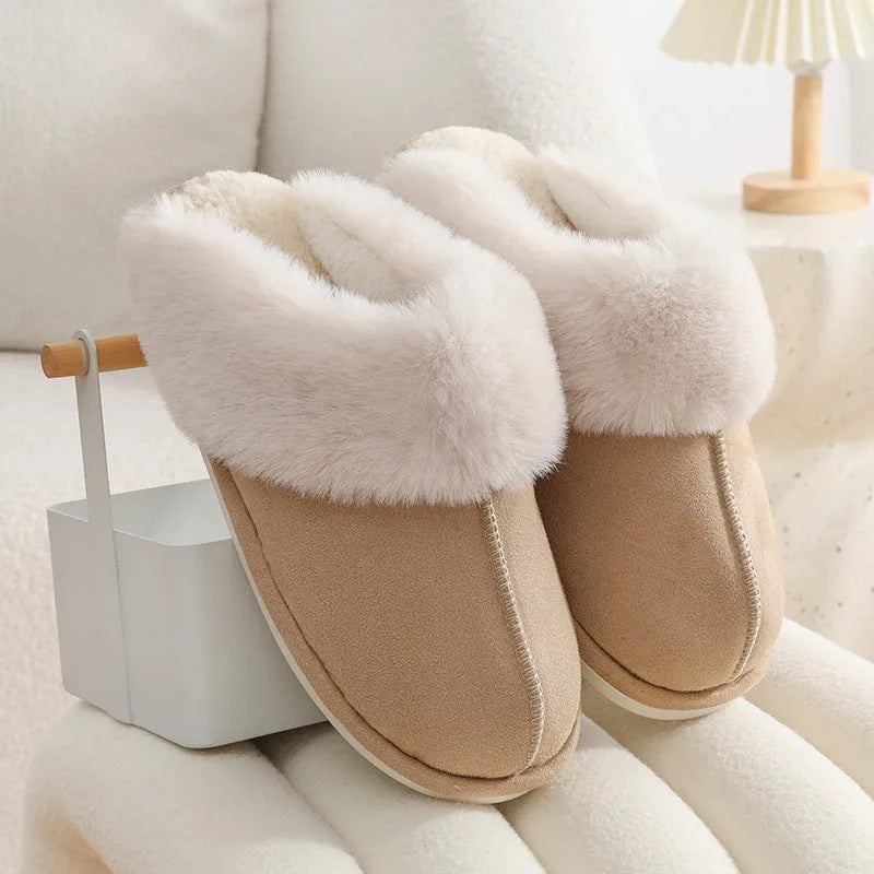 Women's brown plush slippers with round toe, flat heel, and anti-slip PVC sole.