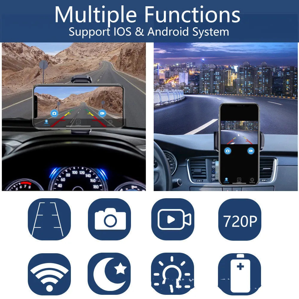 Solar wireless charging vehicle reversing camera with aluminium alloy shell and magnet on black mount.