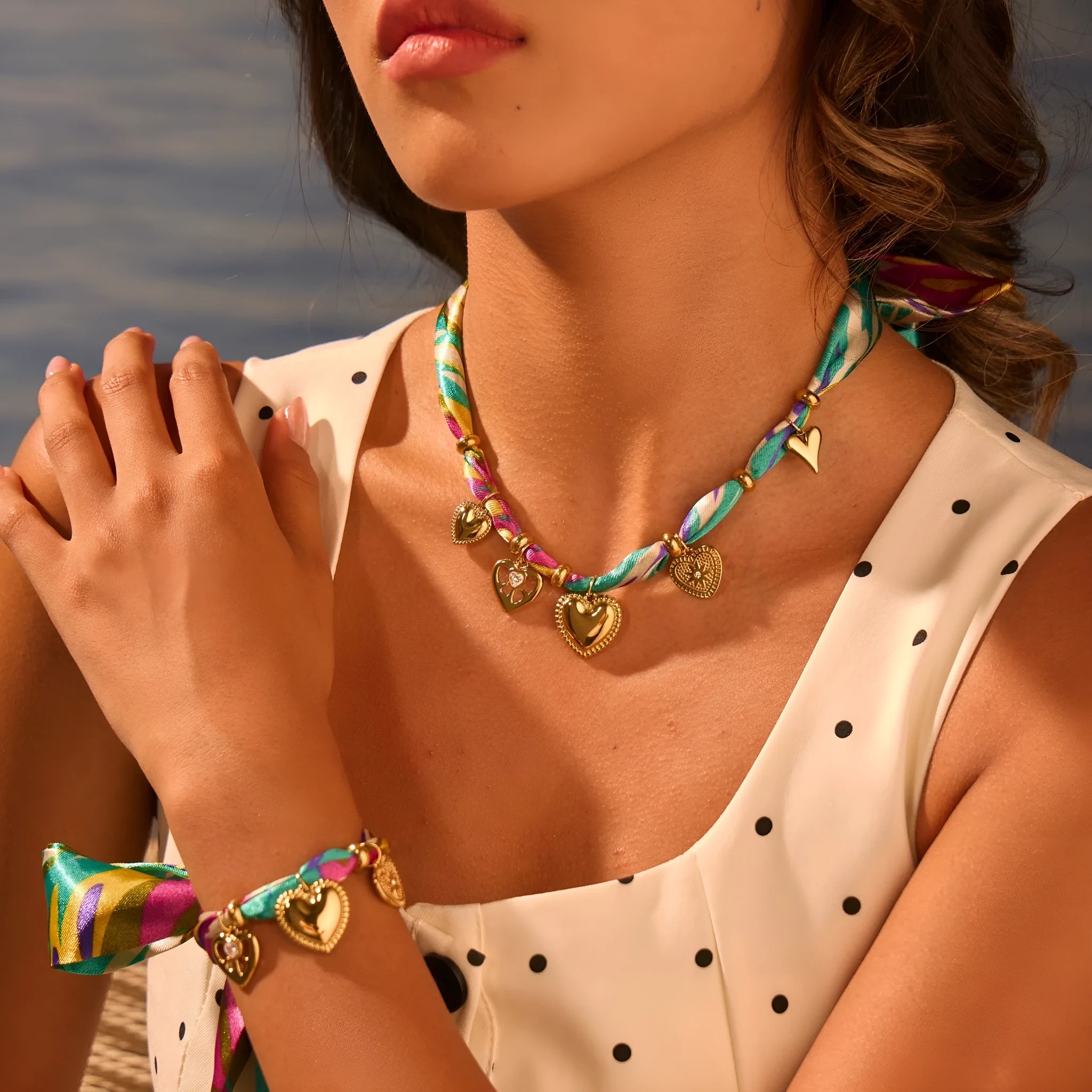 18K gold plated stainless steel necklace and bracelet set with geometric pendant on adjustable 41-50cm chain