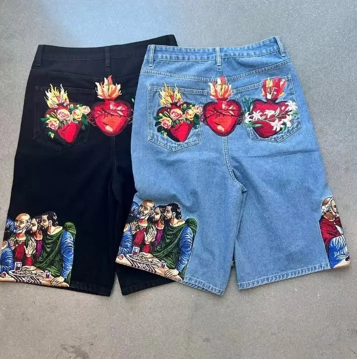 Men's blue cotton cargo shorts with Jesus print on back pocket showing tapered fit
