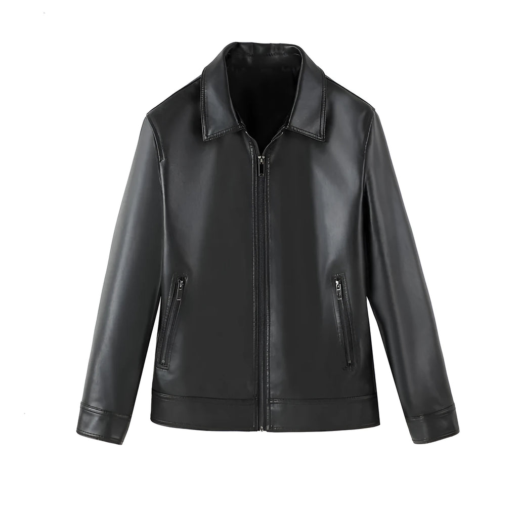Men's black PU leather windproof jacket with zipper pockets in loose fit style