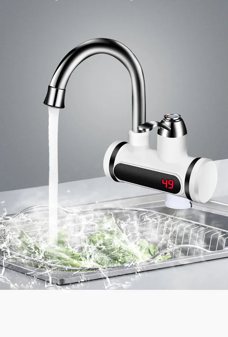 White kitchen electric water heater tap with digital temperature display and instant heating function