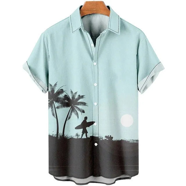 Man wearing a slim-fit short sleeve shirt with a colourful 3D digital printed flower pattern.