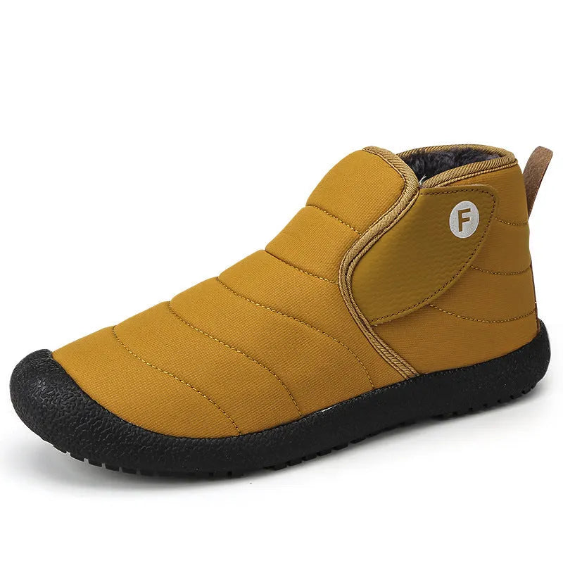 Men's waterproof snow boots with non-slip rubber soles available in black, blue, green, and yellow