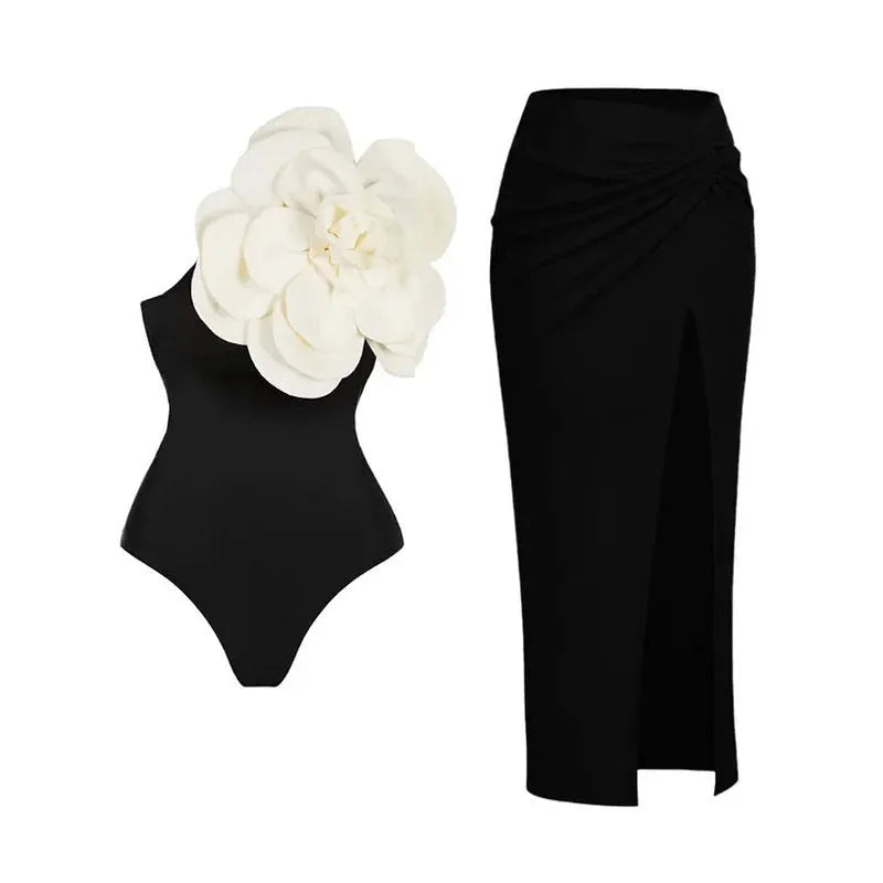 One-piece swimsuit with raised three-dimensional floral pattern in a solid colour, showing a tight European/American style fit.
