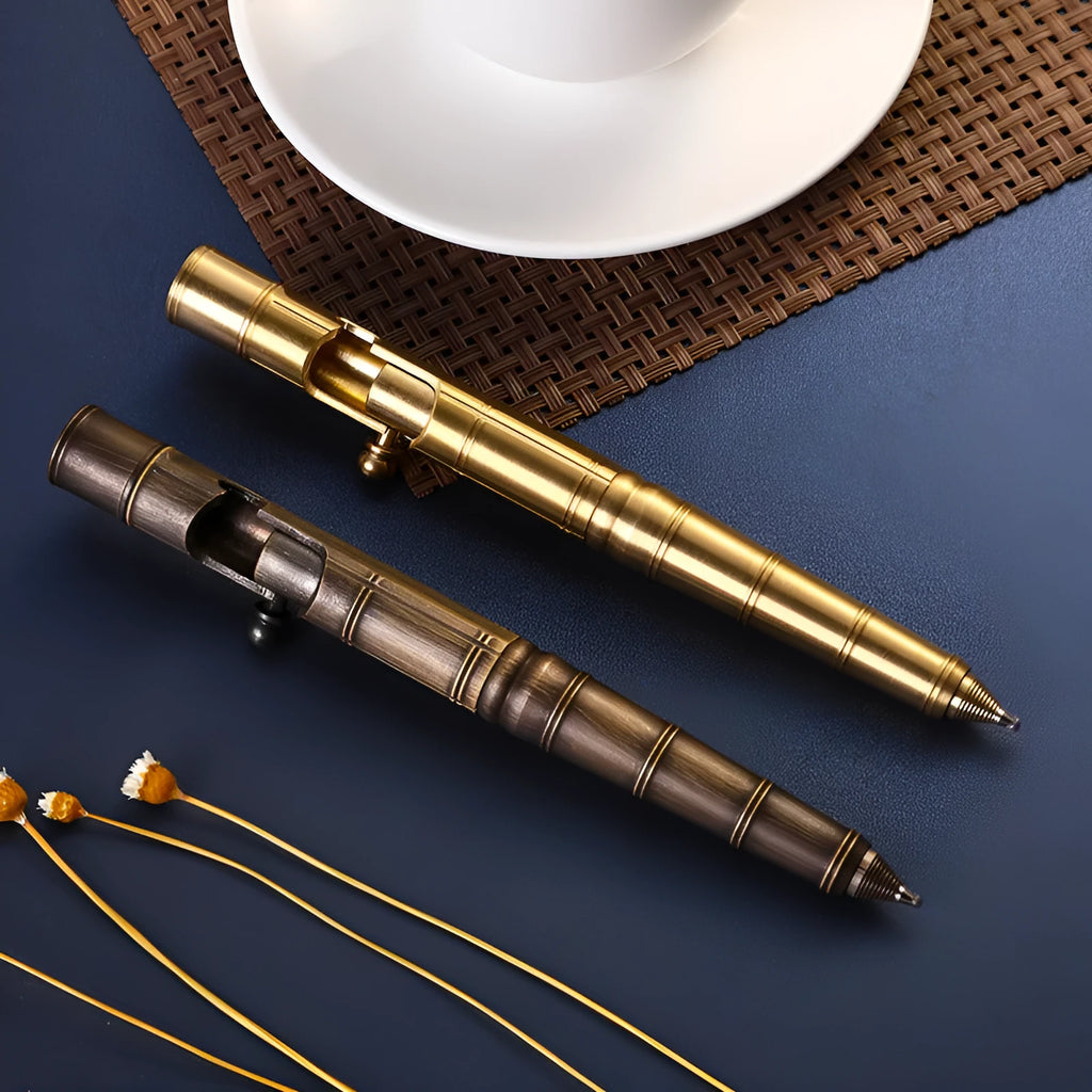 Retro brass tactical pen with bolt action mechanism in brushed natural finish