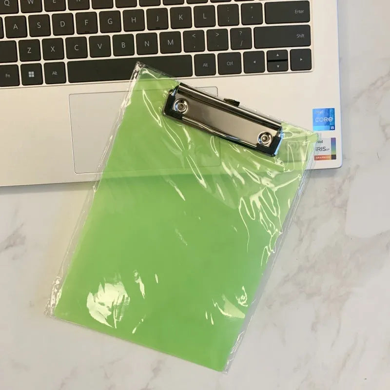 Transparent A4 plate holder with metal clip showing document visibility and colour options