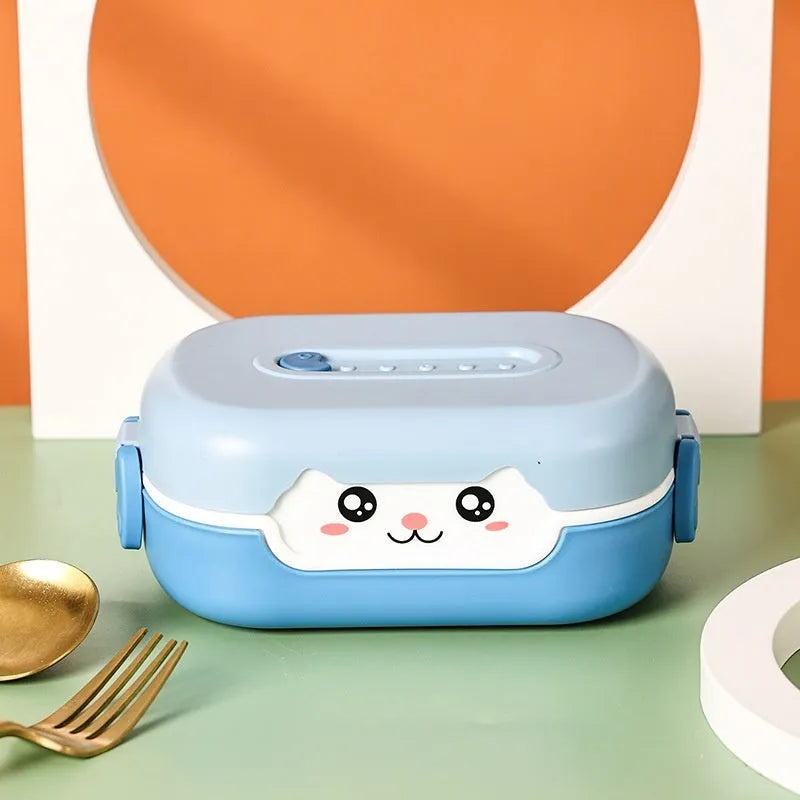 Square divided plastic lunch box in dark blue, orange yellow, or pink and green colours with cartoon style