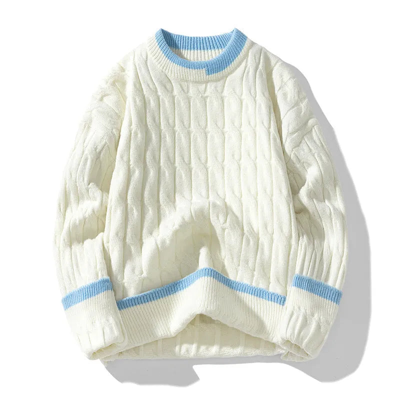 Men's loose fit two-piece acrylic modal sweater set in light blue, sporty pullover style.