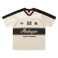 Apricot coloured men's V-neck short sleeve sports jersey with a loose fit and letter pattern detail.