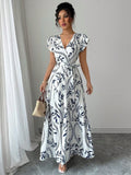 Lace-up floral short-sleeve ruffle sleeve midi dress in polyester, navy blue colour