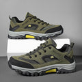 Men's waterproof non-slip mountain climbing sneakers soft bottom in army green on rocky trail
