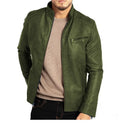 Men's brown artificial leather punk motorcycle jacket with stand collar and patch pocket