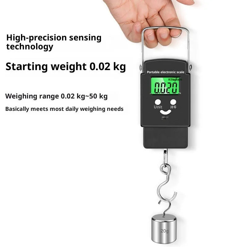 Mini handheld plastic electronic scale with blue backlight display, 50kg capacity