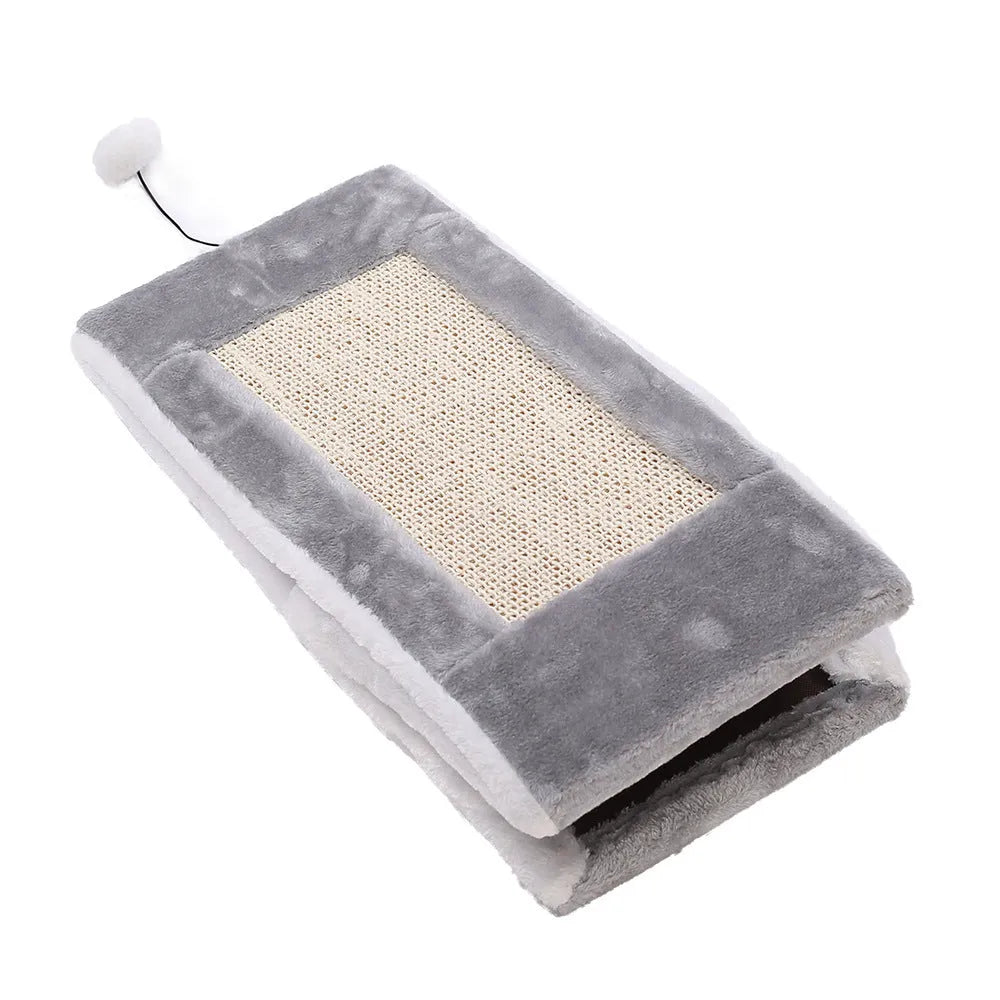 Grey and white triangle-shaped cat bed with sisal scratching side and plush sleeping area