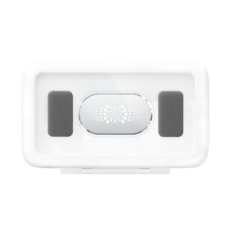 Waterproof shower phone holder with touch screen on bathroom tile, showing phone inside with anti-fog window