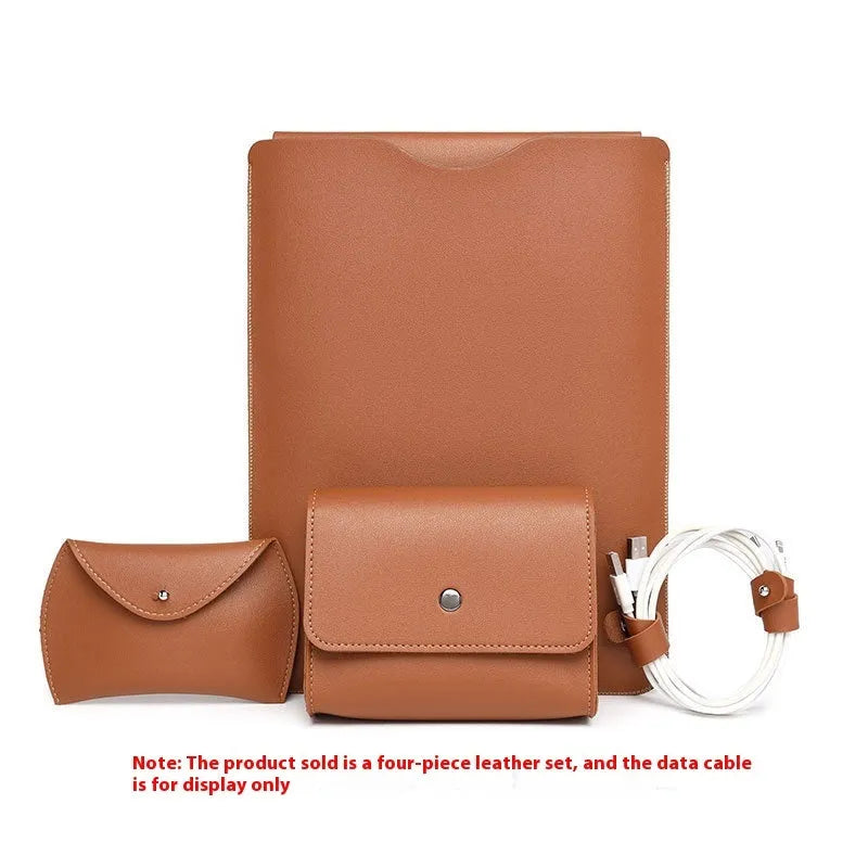 Set of four brown imitation leather lock edge protective sleeves for laptops and tablets.