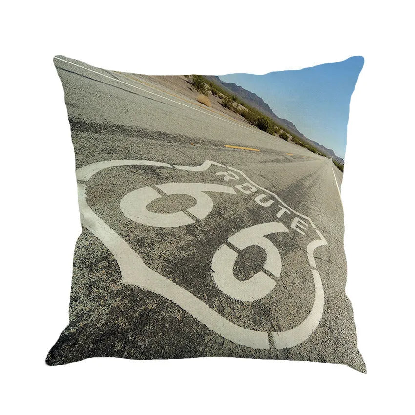 Linen cushion cover with US Route 66 landscape pattern measuring 45x45cm for car and sofa back pillows