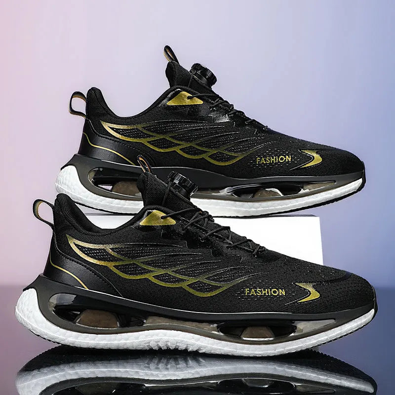 Men's low-top sneakers with a rotating button fastening, shown in light blue mesh and black leather options.