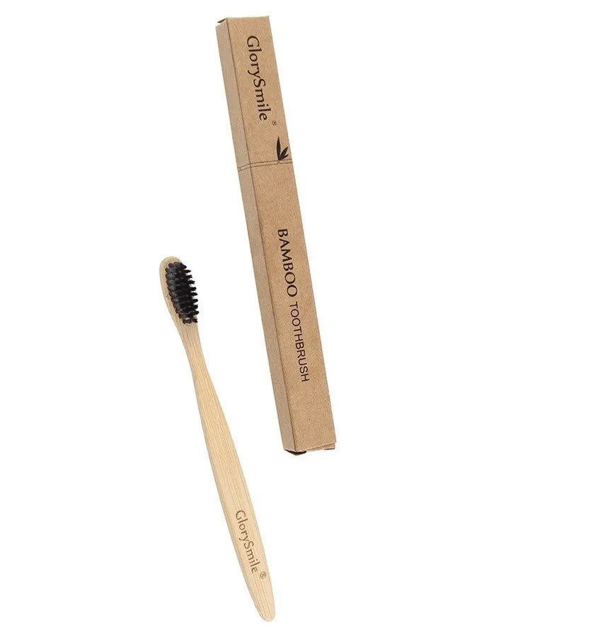 Natural pure bamboo toothbrush with charcoal-infused soft bristles in black, 19.5cm size