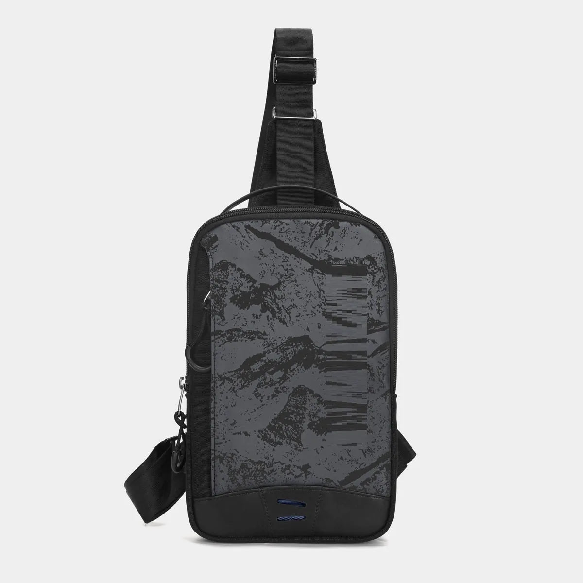 Casual black TPU chest pack with single shoulder strap showing landscape pattern details