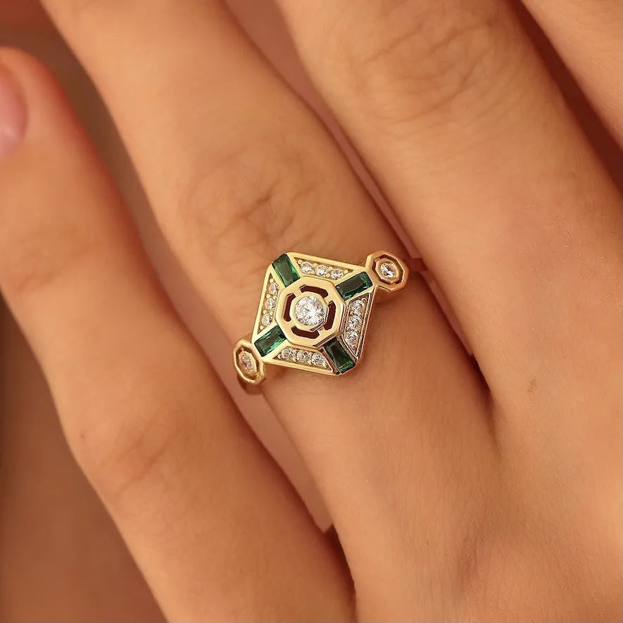 INS style women's emerald diamond ring with a square geometric design in Lvzuan colour.
